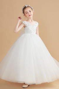 Ivory Tulle Cap Sleeves Flower Girl dress With Bowknot