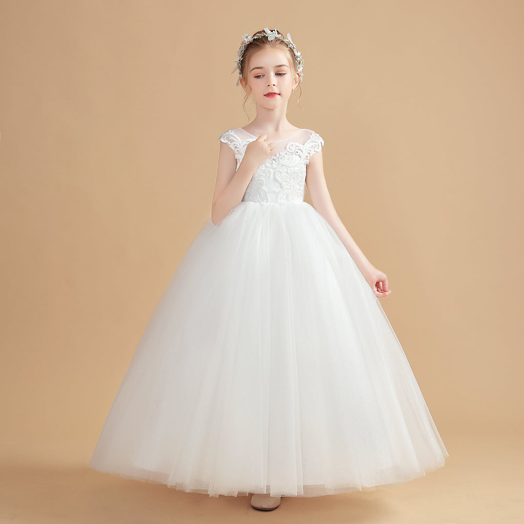 Ivory Tulle Cap Sleeves Flower Girl Dresses With Bow-Knot