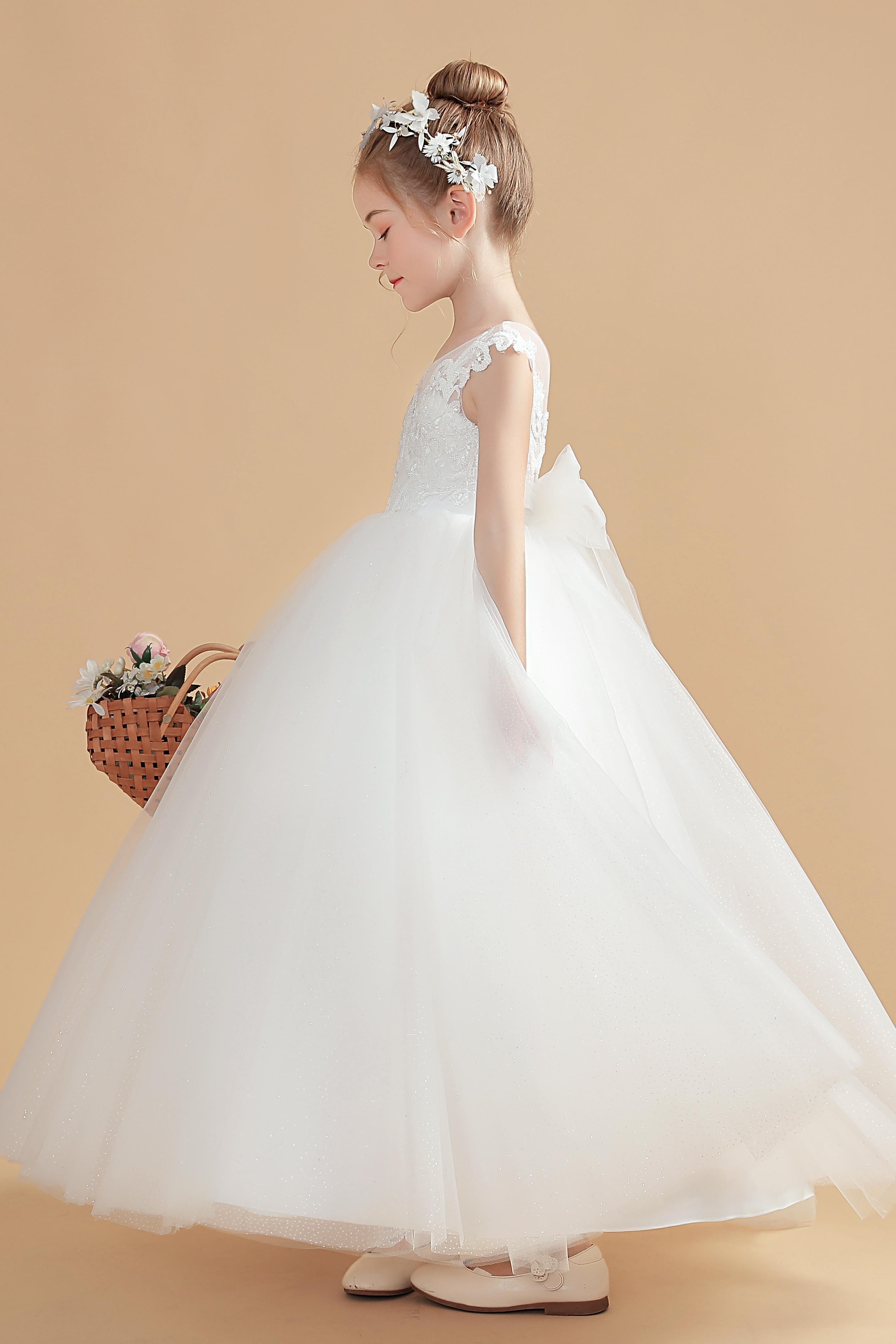 Ivory Tulle Cap Sleeves Flower Girl dress With Bowknot