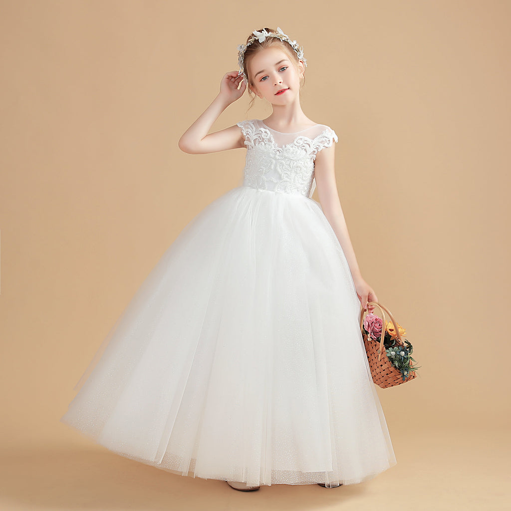 Ivory Tulle Cap Sleeves Flower Girl Dresses With Bow-Knot