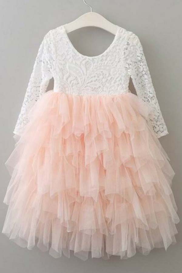 Lace 3/4 Sleeves Scoop Pink Tea-Length Flower Girl Dress with Ruffles OF141