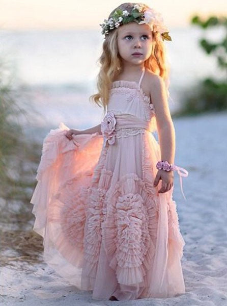 Chic Flower Girl Dress Halter Blush Tulle With Ruffles Flowers OF101