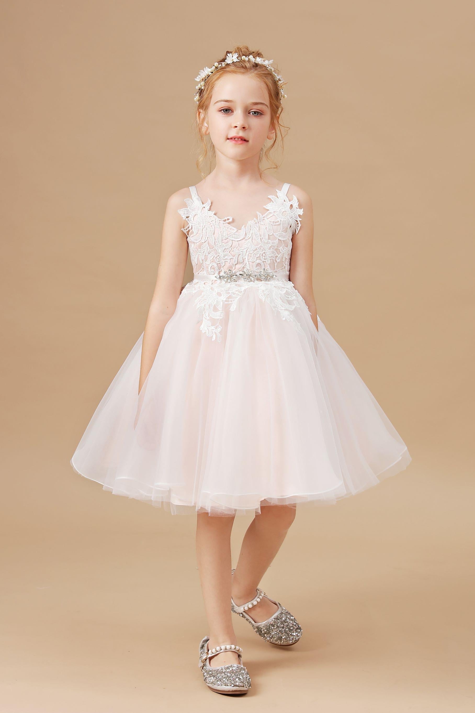 Appliques Halter V-neck Tulle Flower Girl Dress With Sash