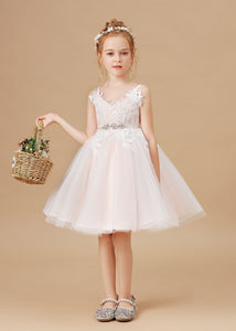 Appliques Halter V-neck Tulle Flower Girl dress with Sash