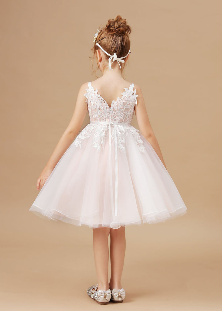Appliques Halter V-neck Tulle Flower Girl Dress With Sash