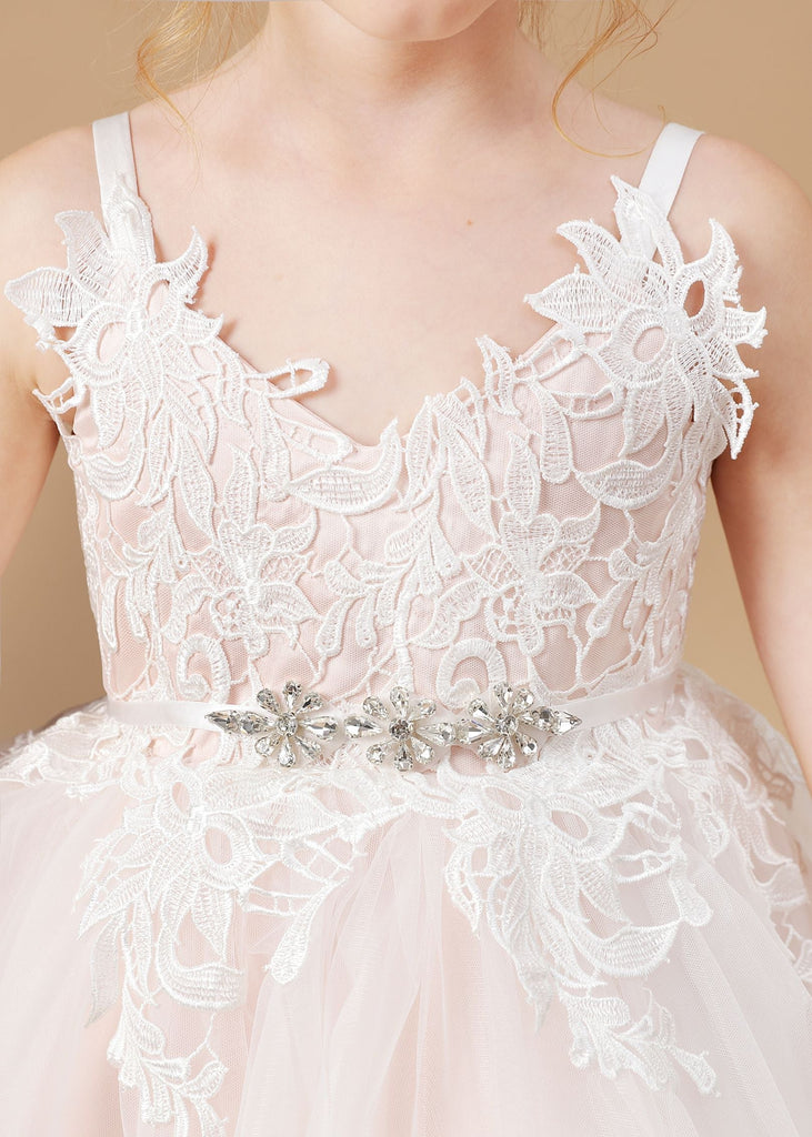 Appliques Halter V-neck Tulle Flower Girl Dress With Sash