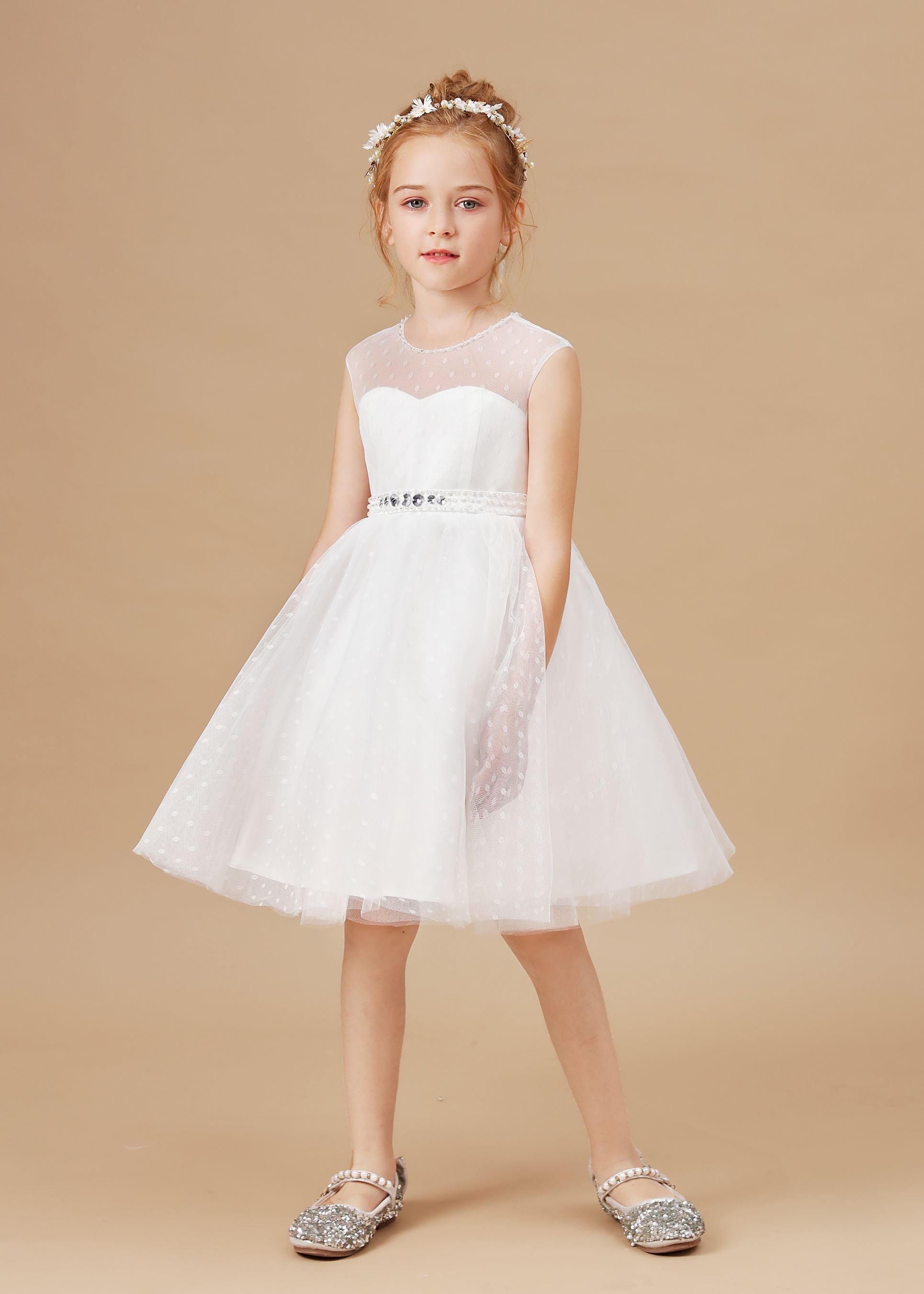 Ivory Tulle Lace Sleeveless Flower Girl Dress