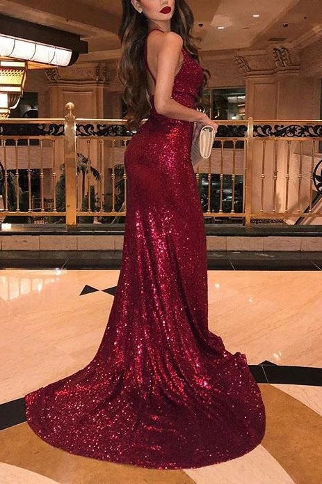 Sparkly Mermaid V-Neck Burgundy Prom Dress, Evening Dress With Split OP861