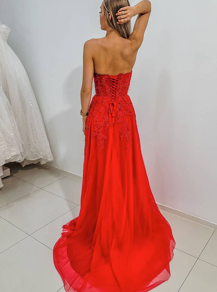 Red Sweetheart Tulle Lace Long Prom Dress Evening Dress