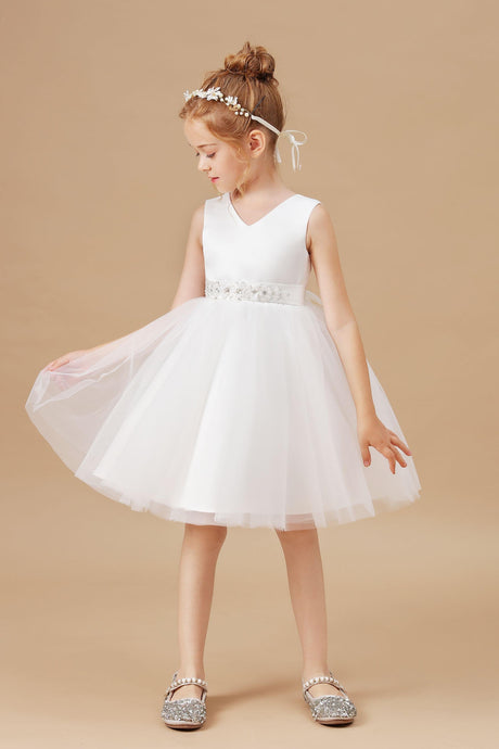 Ivory Tulle Satin V-neck Sleeveless Flower Girl Dress With Bowknot