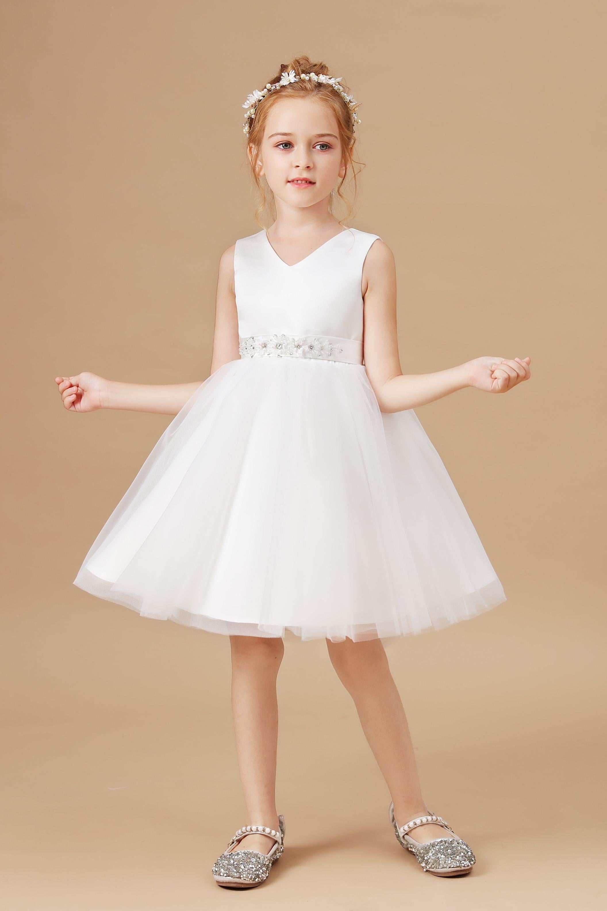 Ivory Tulle Satin V-neck Sleeveless Flower Girl Dress With Bowknot