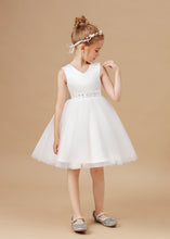 Ivory Tulle Satin V-neck Sleeveless Flower Girl Dress With Bowknot