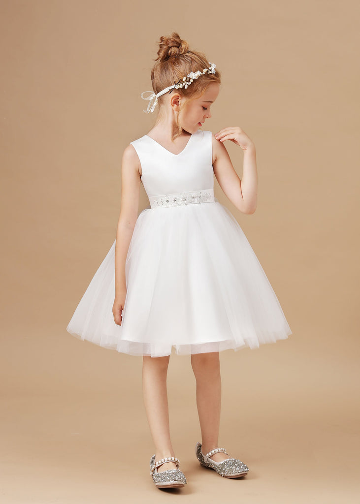 Ivory Tulle Satin V-neck Sleeveless Flower Girl Dress With Bowknot