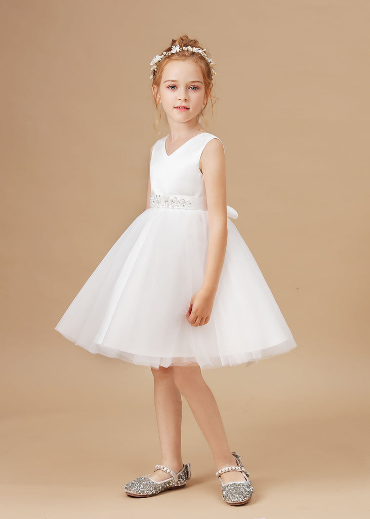 Ivory Tulle Satin V-neck Sleeveless Flower Girl Dress With Bowknot