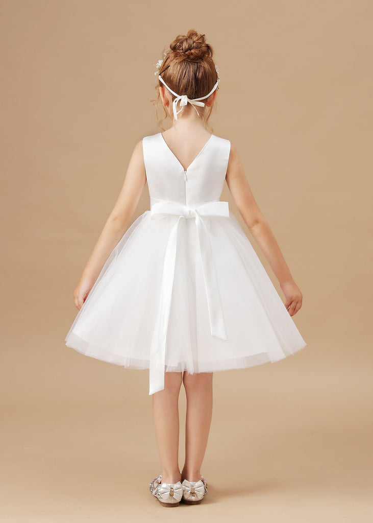 Ivory Tulle Satin V-neck Sleeveless Flower Girl Dress With Bowknot