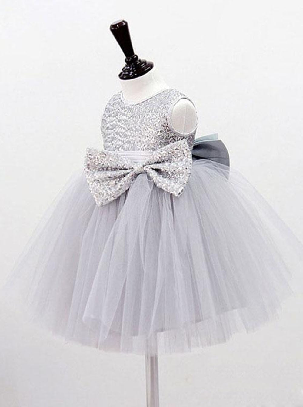 Jewel Sequins Bodice Gray Tullw Flower Girl Dress With Bowknots OF105