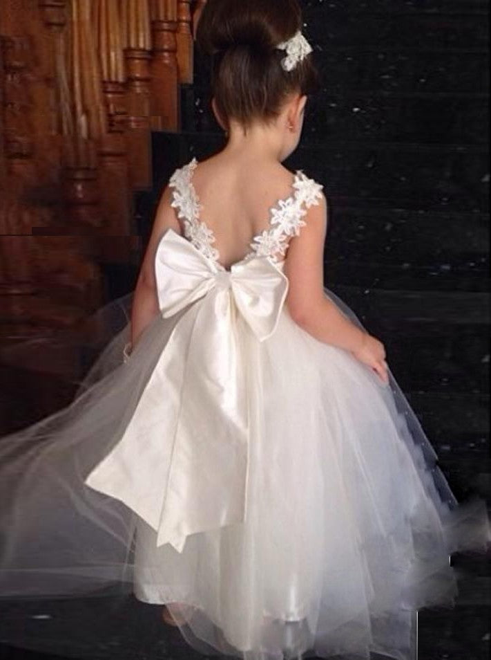 Princess Ball Gown Backless Tulle Flower Girl Dress With Bowknot OF103