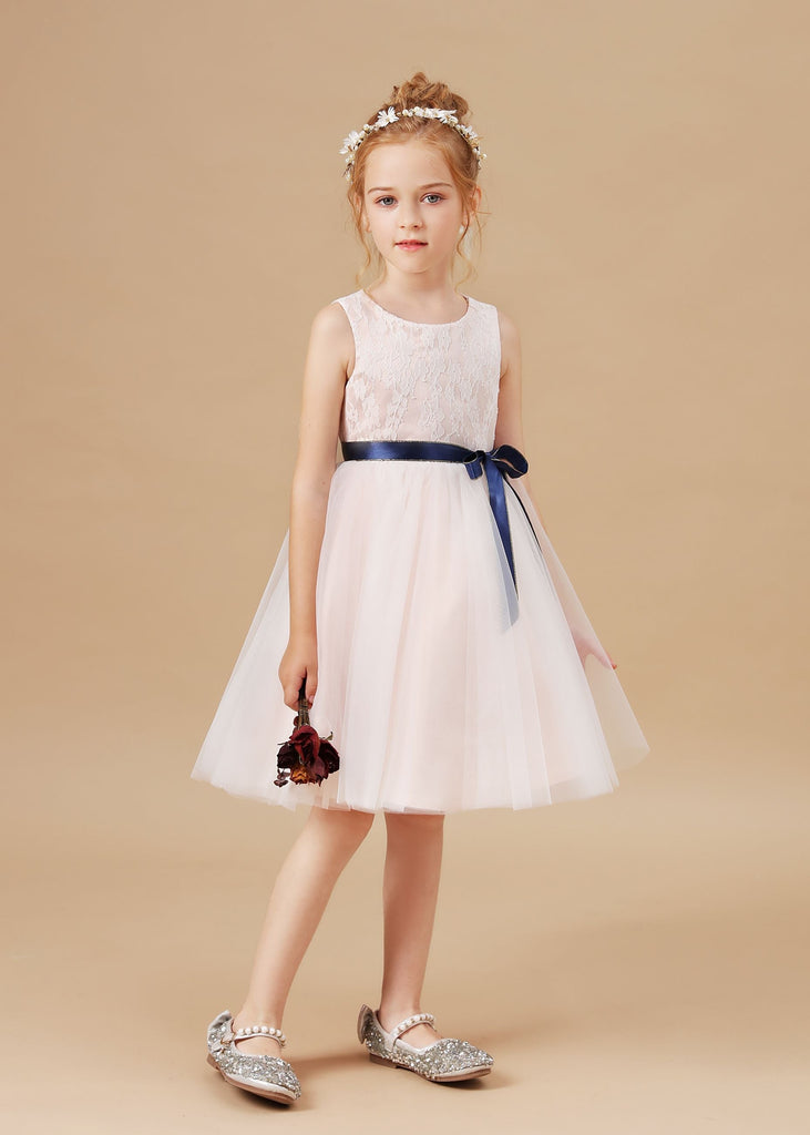 Tulle Satin Lace Flower Girl Dress With Bowknot Satin-Sash