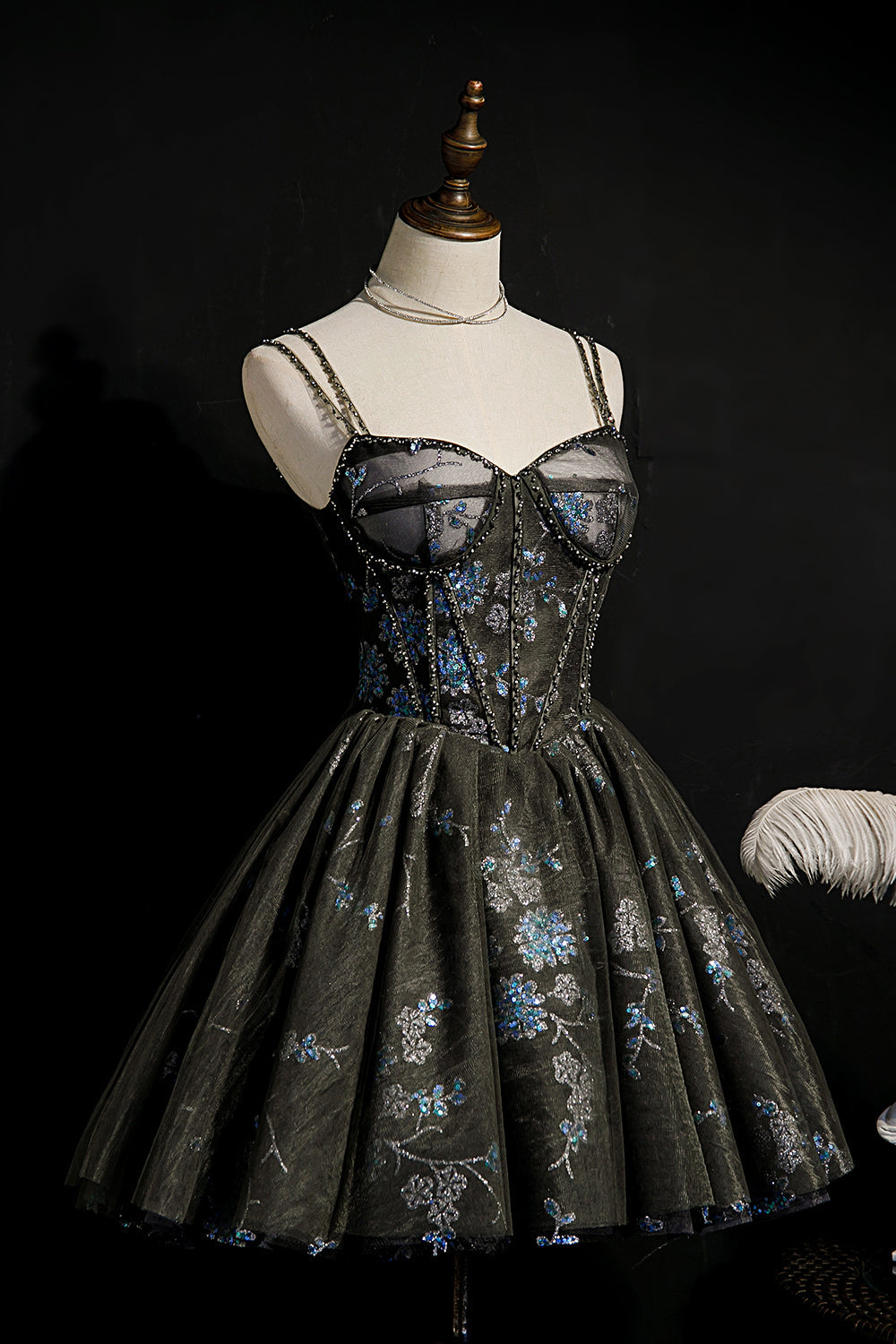 A-Line Spaghetti Straps Dark Grey Prom Dress With Sequins Homecoming Dress