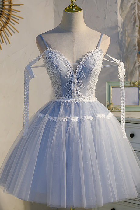 Sky Blue Tulle Spaghetti Straps Birthday Party Prom Dress Short Homecoming Dress