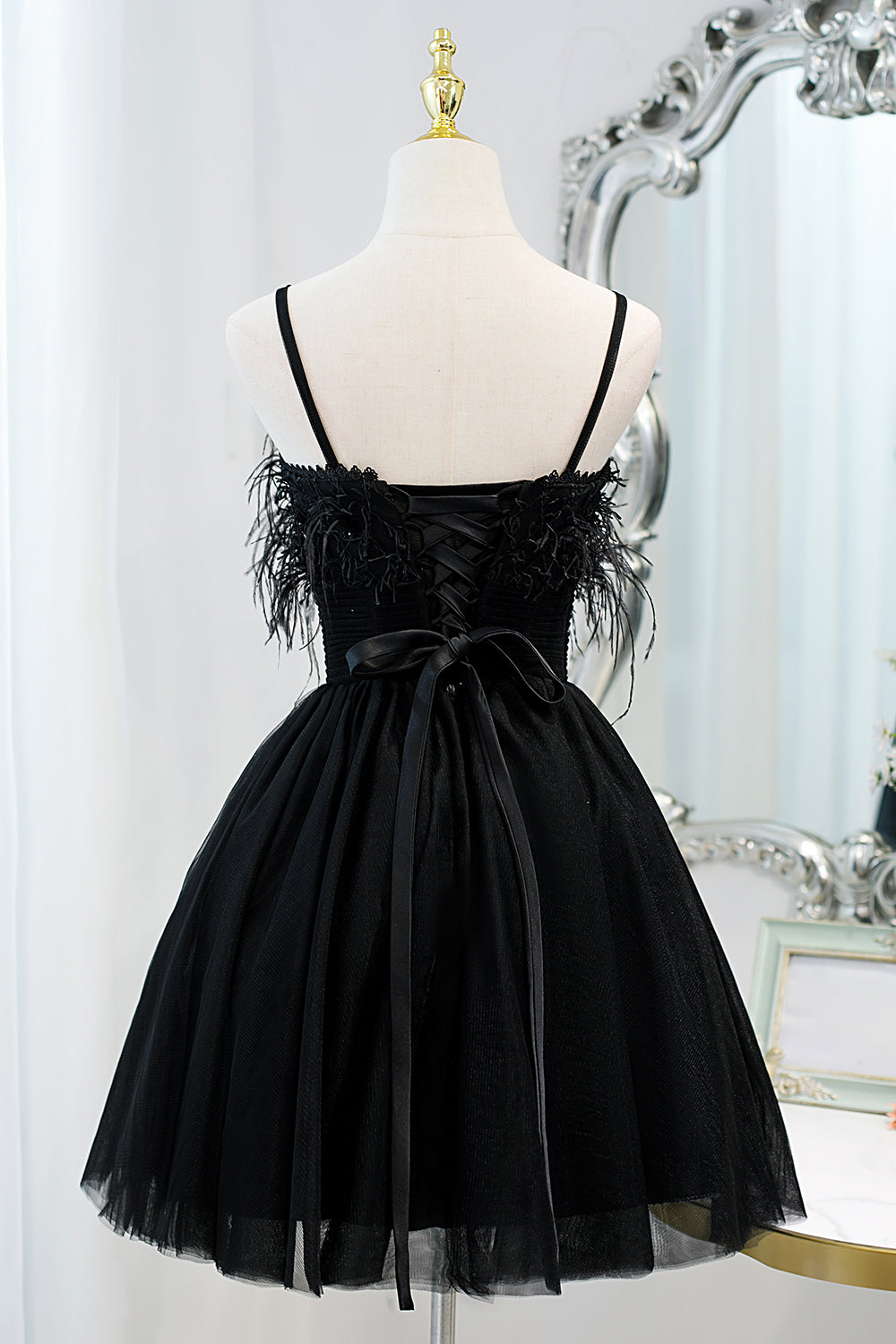 Sweet Spaghetti Straps Little Black Dress Fairy Dress with Tulle Homecoming Dress