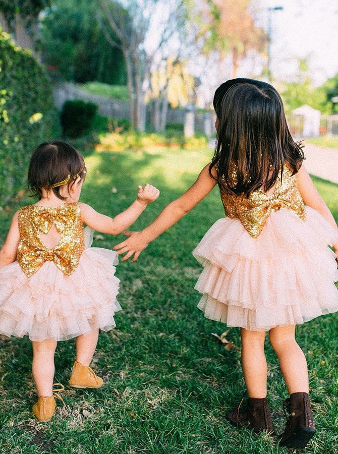 Sequins Gold Tulle Flower Girl Ball Gown Dress With Bowknot OF108