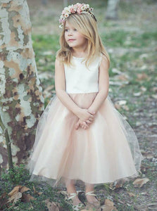 Princess Bateau Tea-Length Tulle Blush Flower Girl Dress OF111