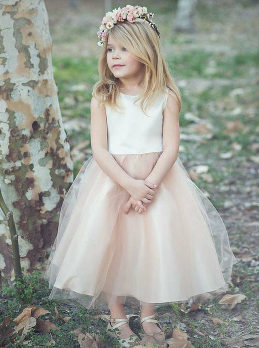 Princess Bateau Tea-Length Tulle Blush Flower Girl Dress OF111