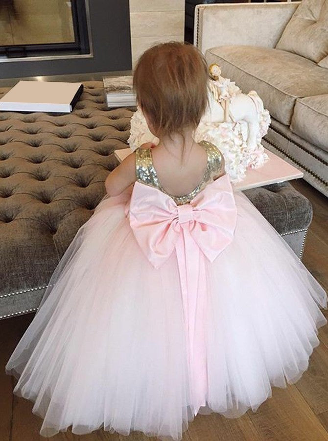 Sequins Gold Tulle Flower Girl Dress Ball Gown Birthday Dress With Bowknot OF115