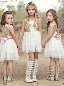 Sequins Gold Heart-keyhole Back Tulle Short Flower Girl Dress OF119