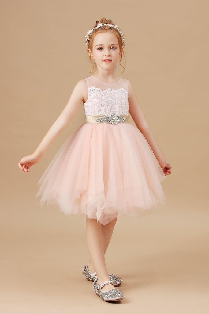 Applique Chic Tulle Satin Flower Girl Dress With Rhinestone Belt