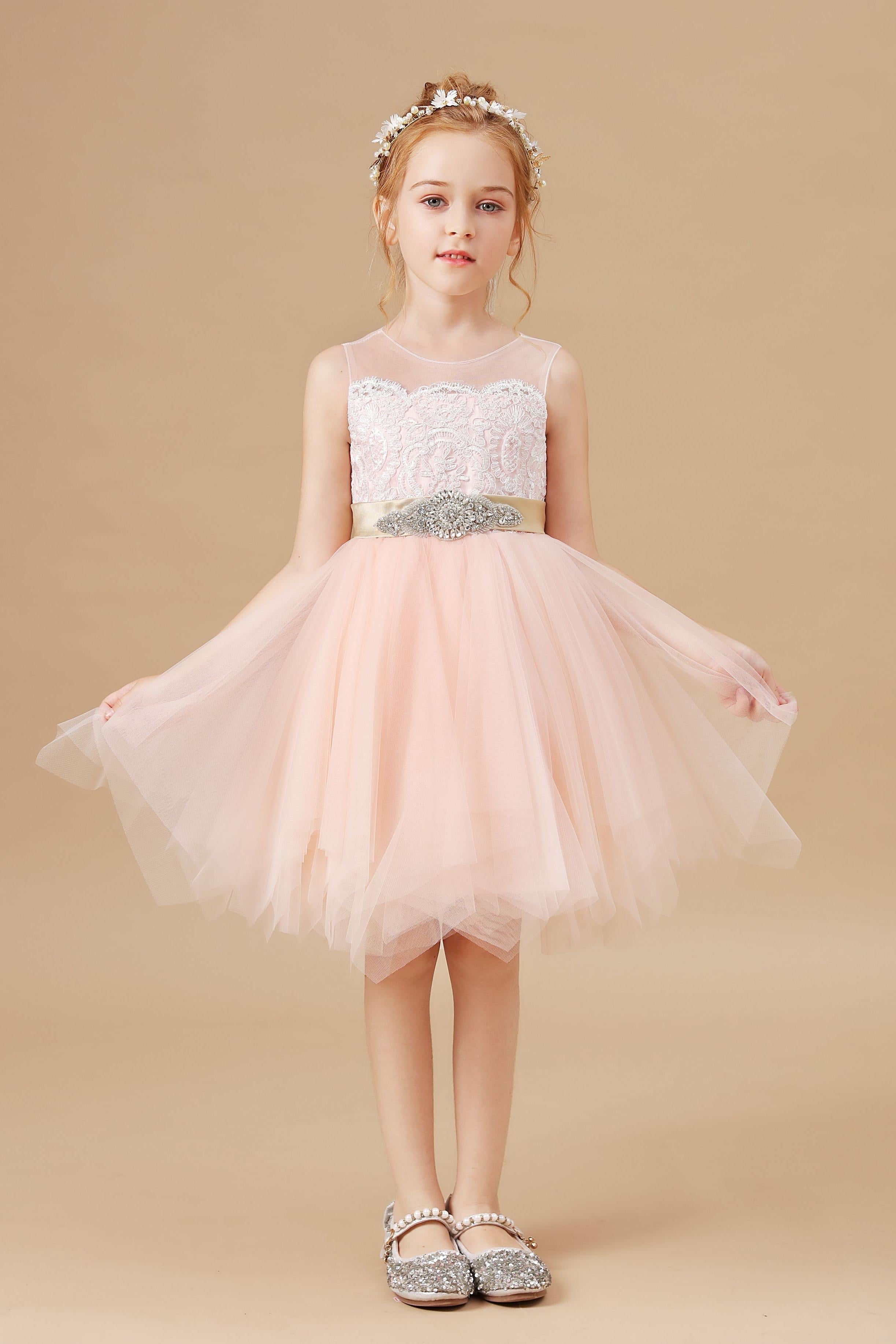 Applique Chic Tulle Satin Flower Girl Dress With Rhinestone Belt