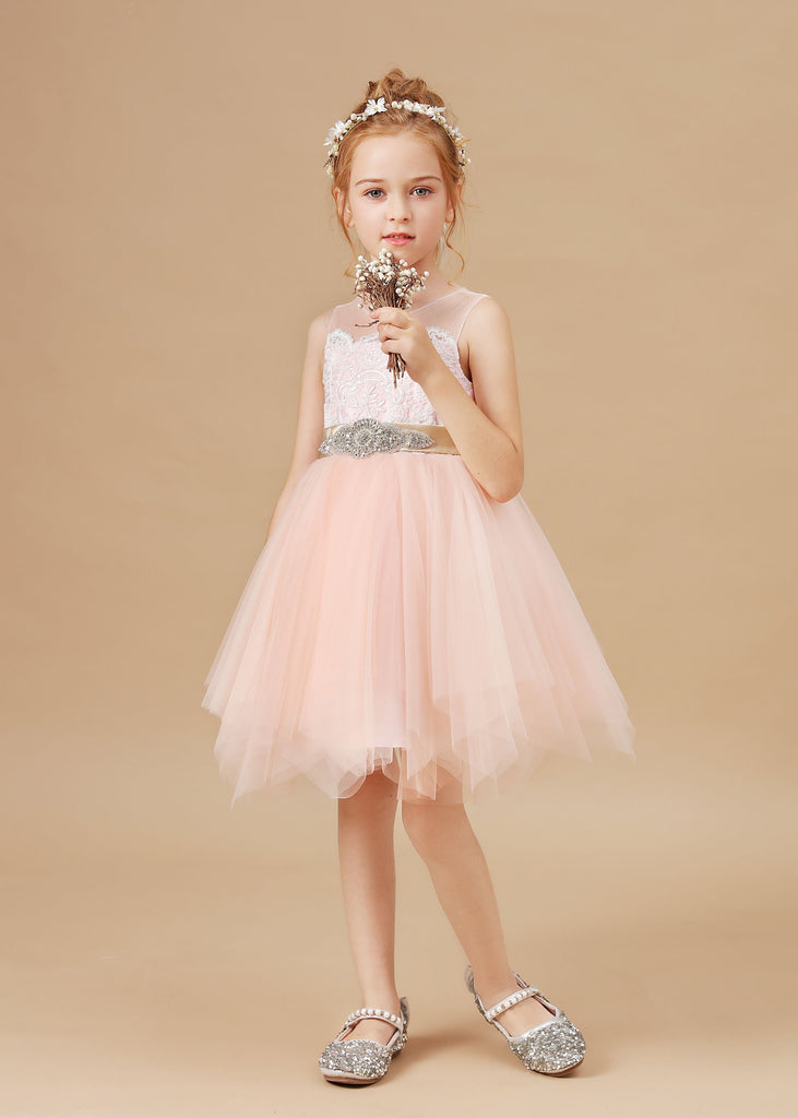 Applique Chic Tulle Satin Flower Girl Dress With Rhinestone Belt