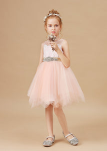 Applique Chic Tulle Satin Flower Girl dress With Rhinestone Belt