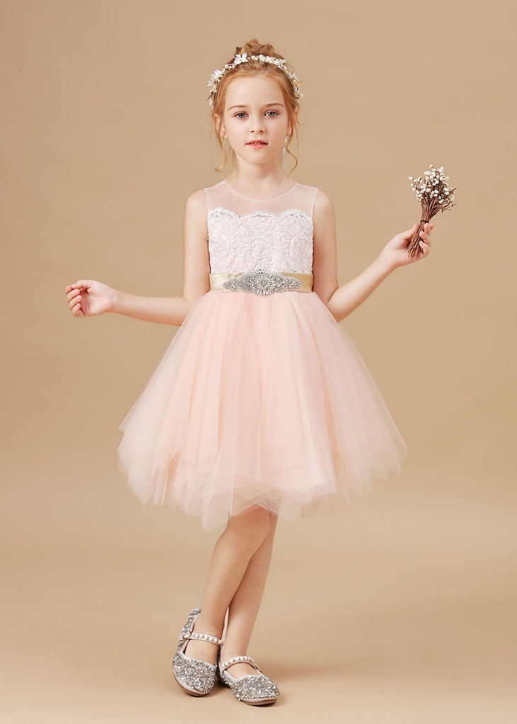 Applique Chic Tulle Satin Flower Girl Dress With Rhinestone Belt