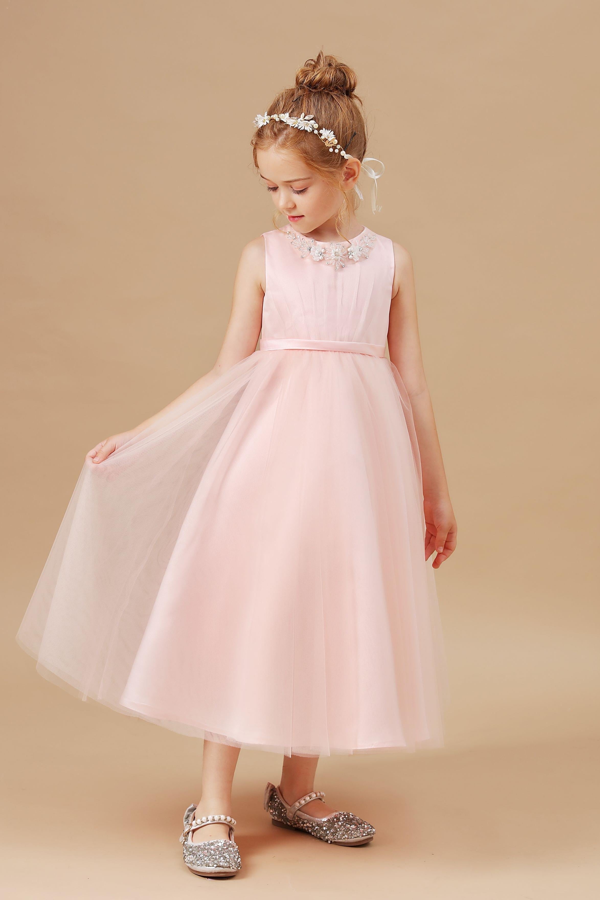 Tulle Crepe Applique Satin Flower Girl dress With Bowknot