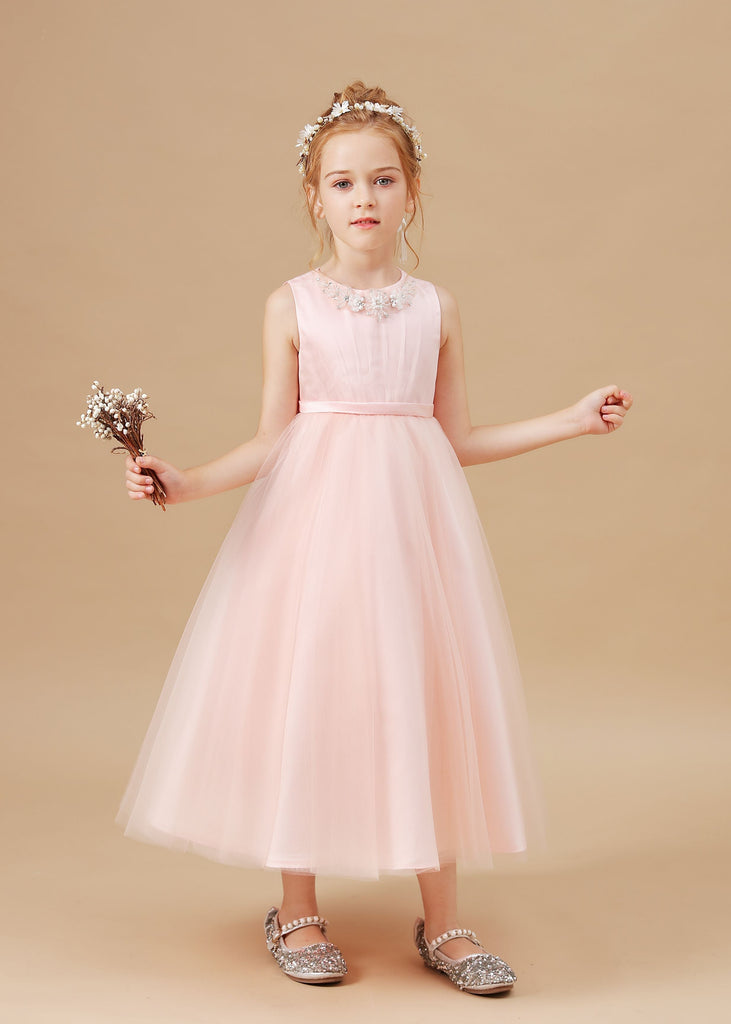 Tulle Crepe Applique Satin Flower Girl Dress With Bowknot