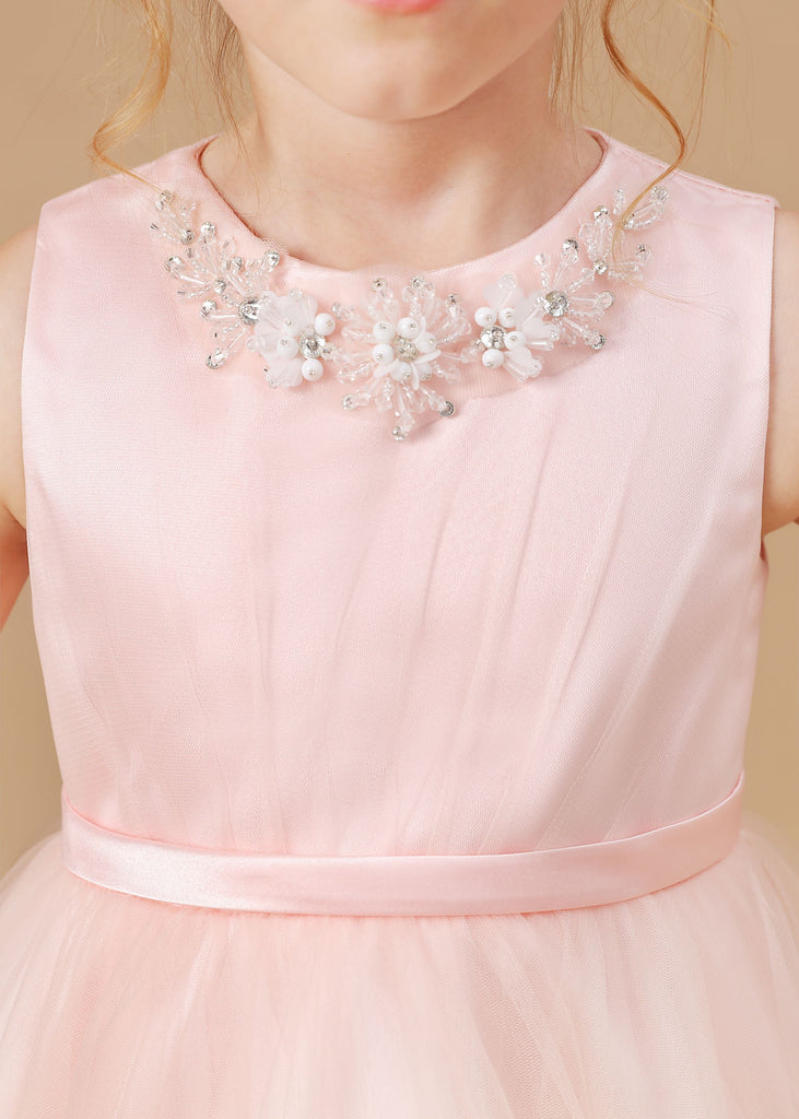 Tulle Crepe Applique Satin Flower Girl Dress With Bowknot