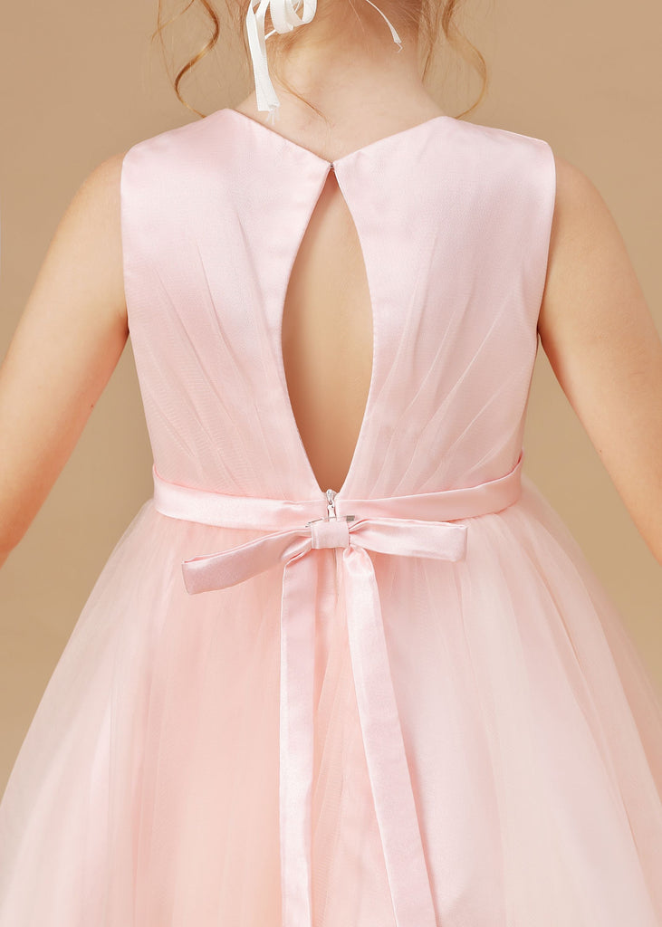 Tulle Crepe Applique Satin Flower Girl Dress With Bowknot