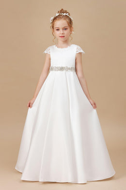 A-line Ivory Floor Length Bowknot Satin Flower Girl dress With Rhinestones