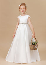 A-line Ivory Floor Length Bowknot Satin Flower Girl dress With Rhinestones