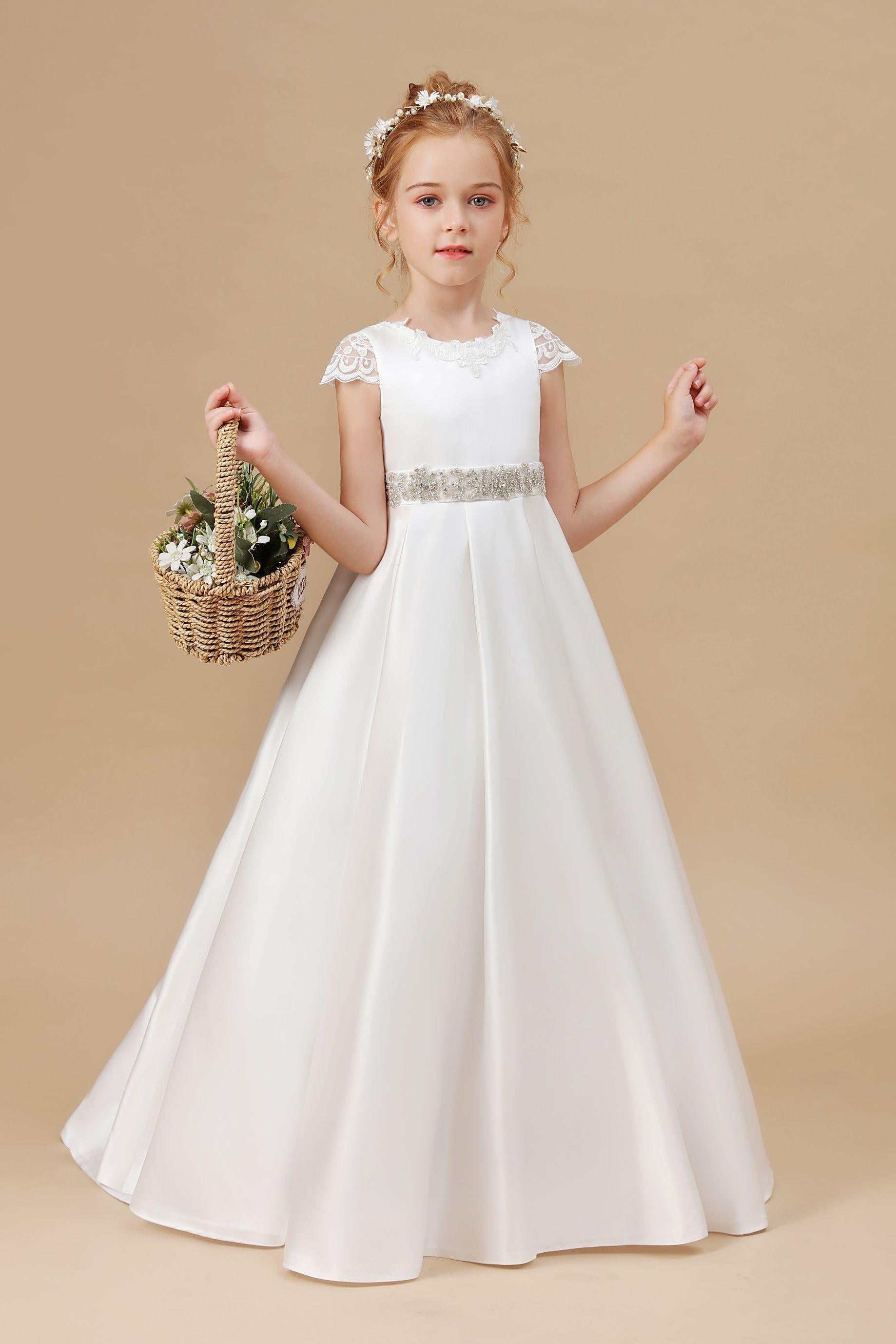 A-line Ivory Floor Length Bowknot Satin Flower Girl dress With Rhinestones