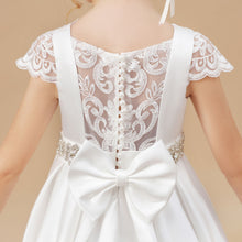 A-line Ivory Floor Length Bowknot Satin Flower Girl dress With Rhinestones