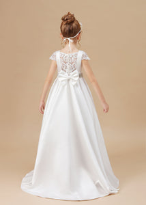 A-line Ivory Floor Length Bowknot Satin Flower Girl dress With Rhinestones