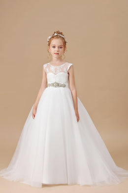 Ivory Rhinestones Sash Bowknot Tulle Flower Girl Dresses