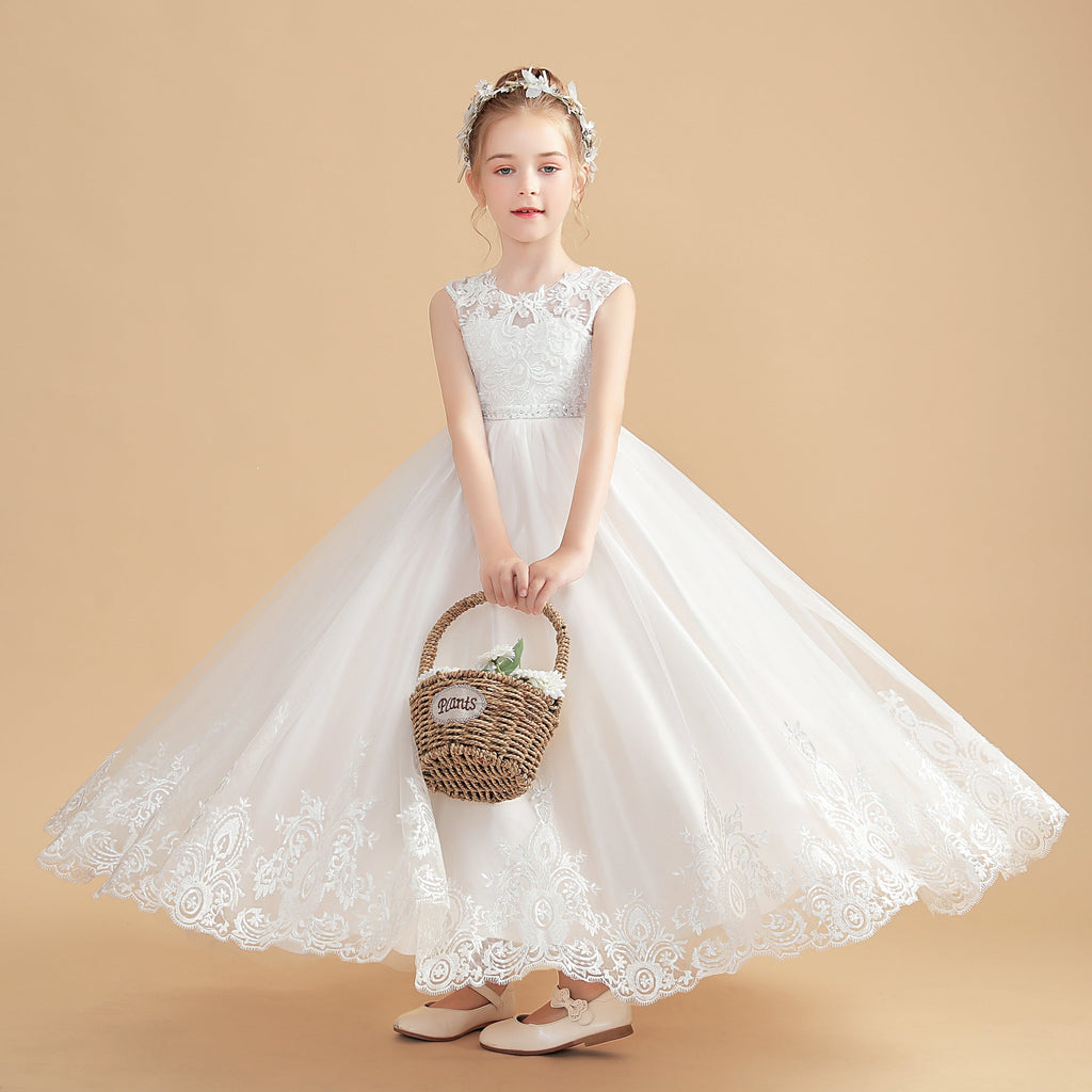 Cute Ivory Cap Sleeves Tulle Flower Girl Dresses With Beading