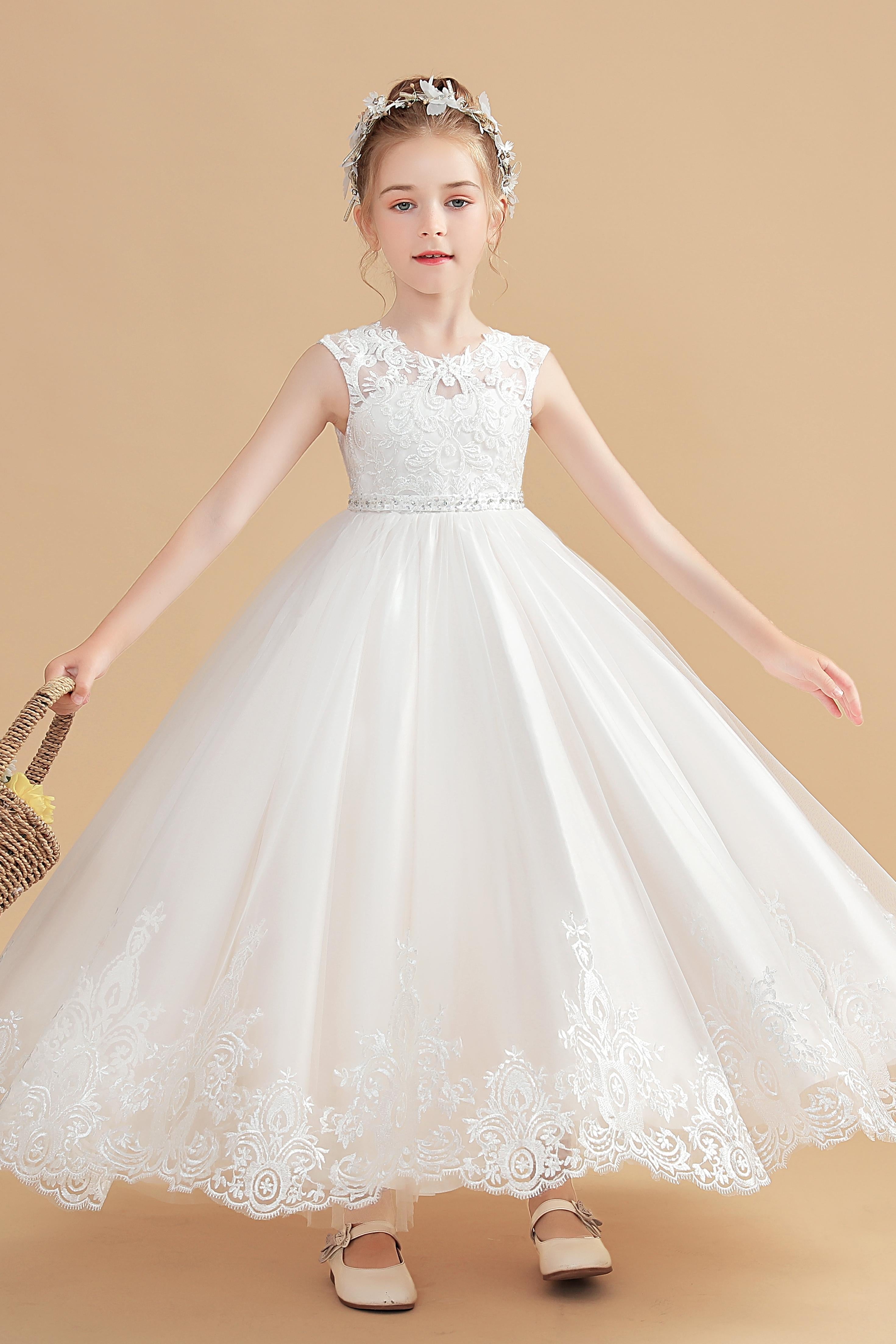 Cute Ivory Cap Sleeves Tulle Flower Girl dress With Beading