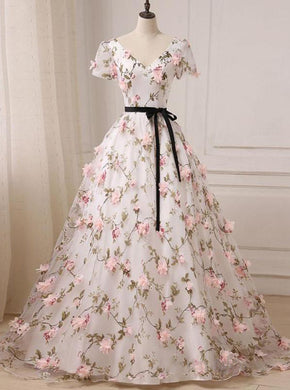 3D Floral Lace Prom Dresses Ball Gown V-neck Long Prom Dress