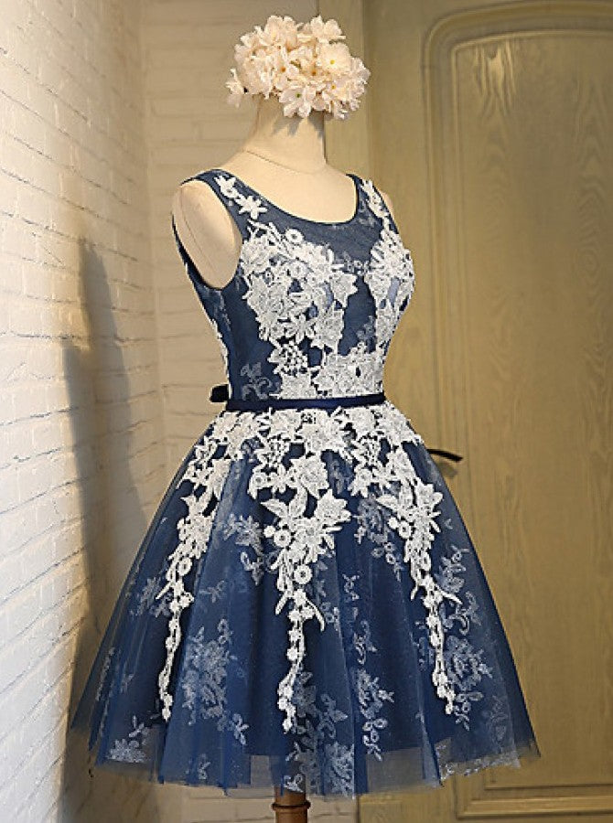 Navy Blue Short Prom Dress, Appliques Graduation Homecoming Dresses OM444