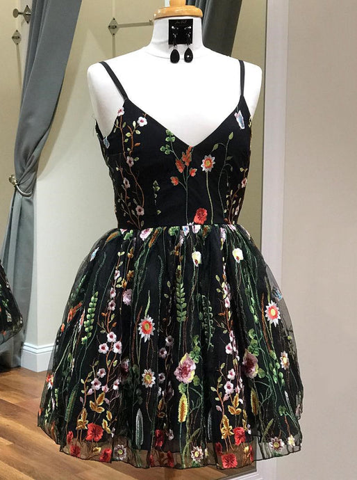 Spaghetti-straps V-neck Black Floral Embroidery Short Homecoming Dress OM364